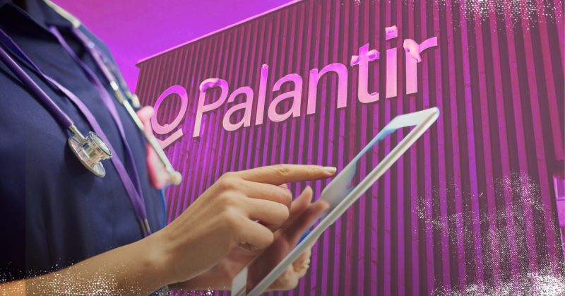 UK nurse holding table with Palantir logo in background