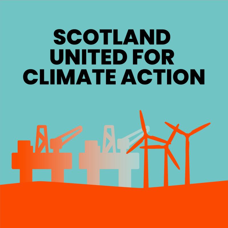 Scotland united for climate action - graphic showing wind turbines alongside oil platforms