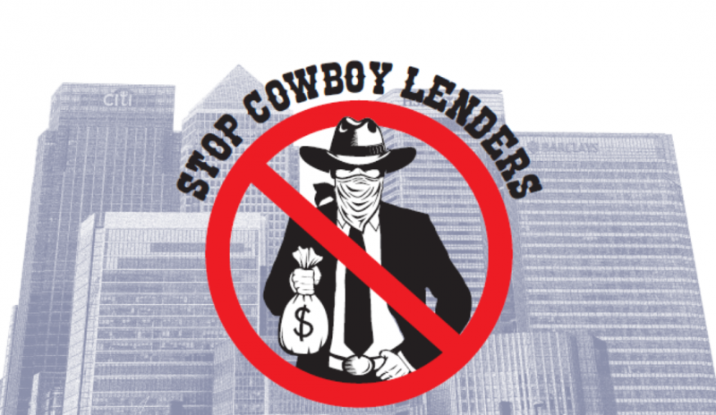 Stop Cowboy Lenders logo over a picture of the Canary Wharf